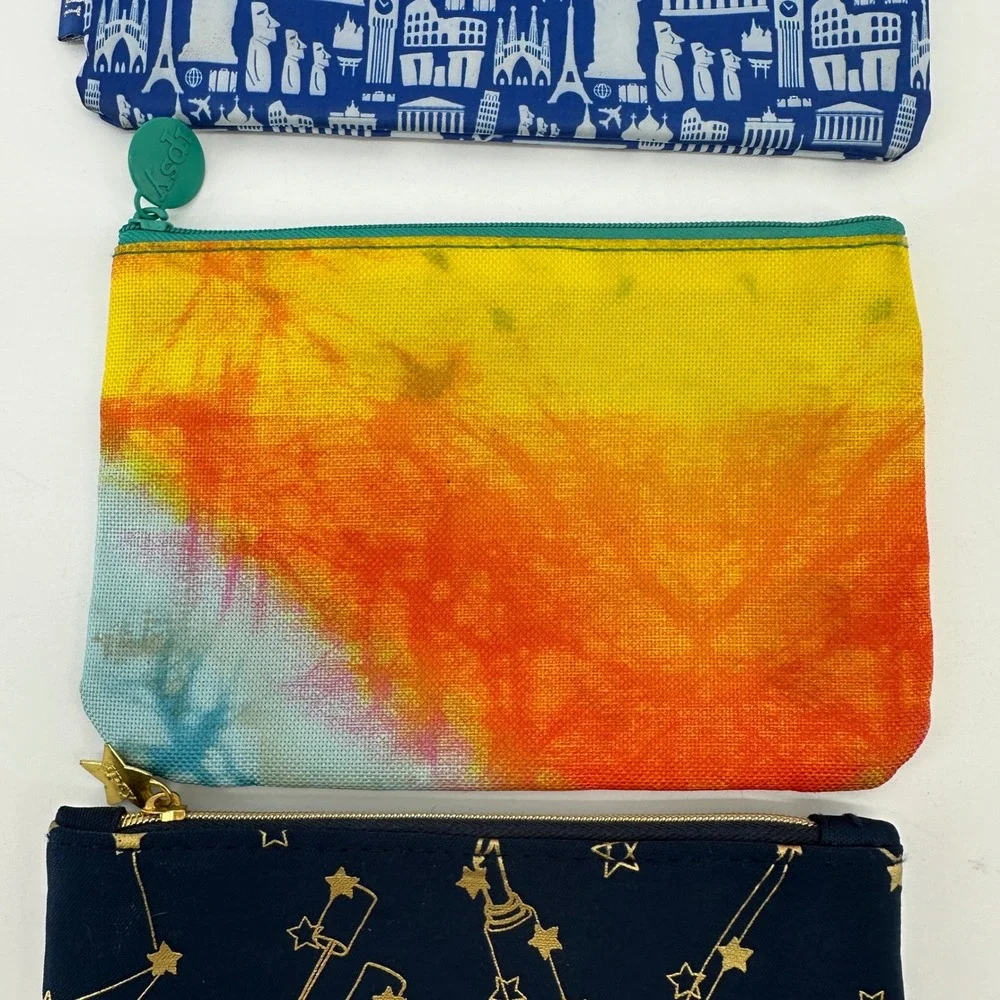 Ipsy Makeup Bag Set of 3 Celestial Tie Dye Global Landmarks Travel Pouches